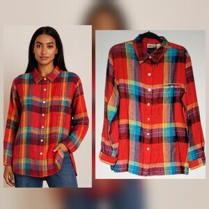 Chico's 100% Linen Red Plaid Long Over-sized Button Front Shirt Size L NWOT NEW